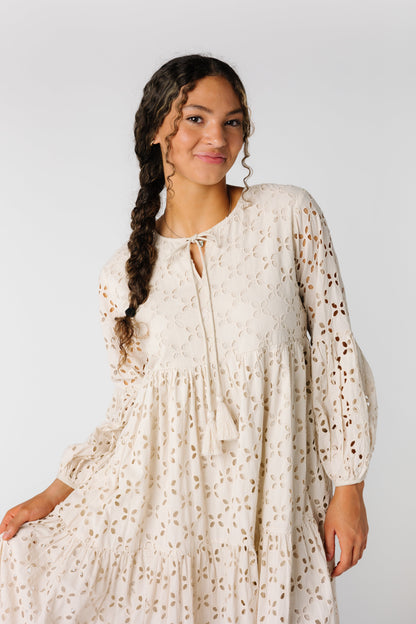 Modest eyelet long sleeve dress in cream