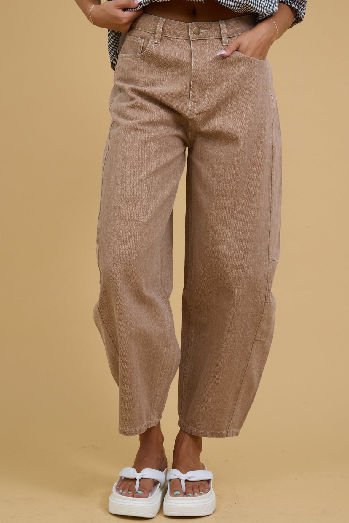 Everyday Relaxed Barrel Pants in mocha for women and teenage girls.