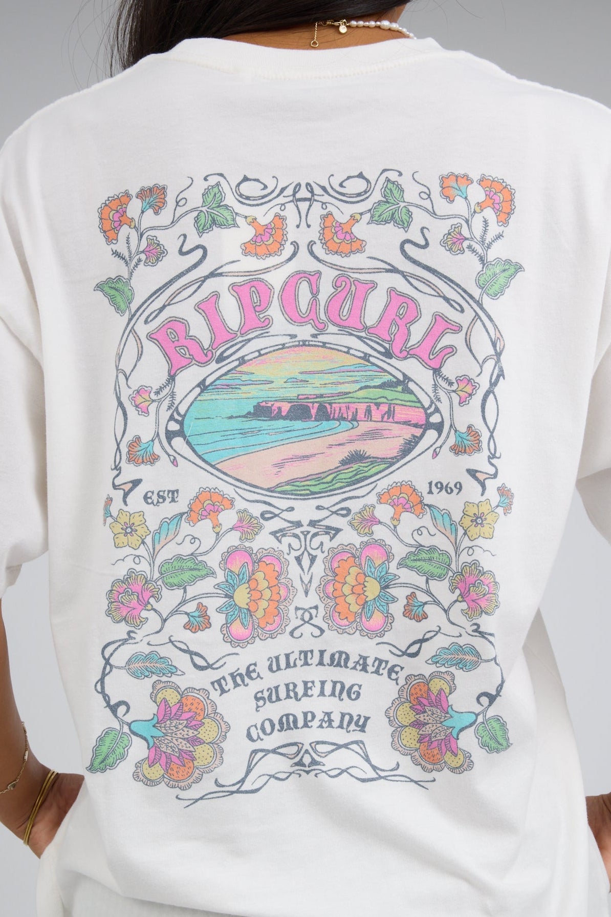 Rip Curl Half Moon Bay Heritage Tee in white for women and teen girls. 0NMWTE
