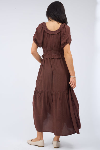 Back view of a woman wearing a loose fitting midi dress with a back ruffled scoop neckline with large puff sleeves and a wide waistband.