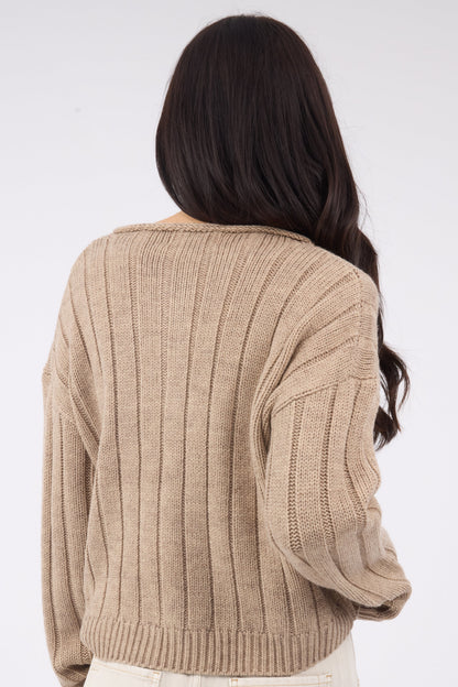 Back view of a woman wearing a taupe wide rib cardigan with long sleeves.