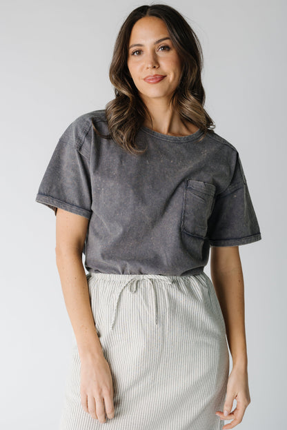 Modest charcoal tee with short sleeves and single front pocket