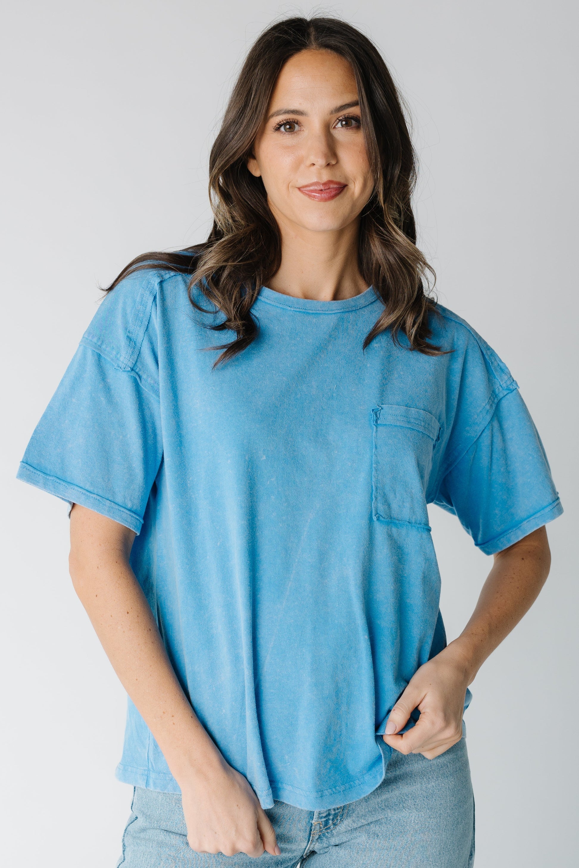 Modest blue classic tee with short sleeves and single front patch pocket