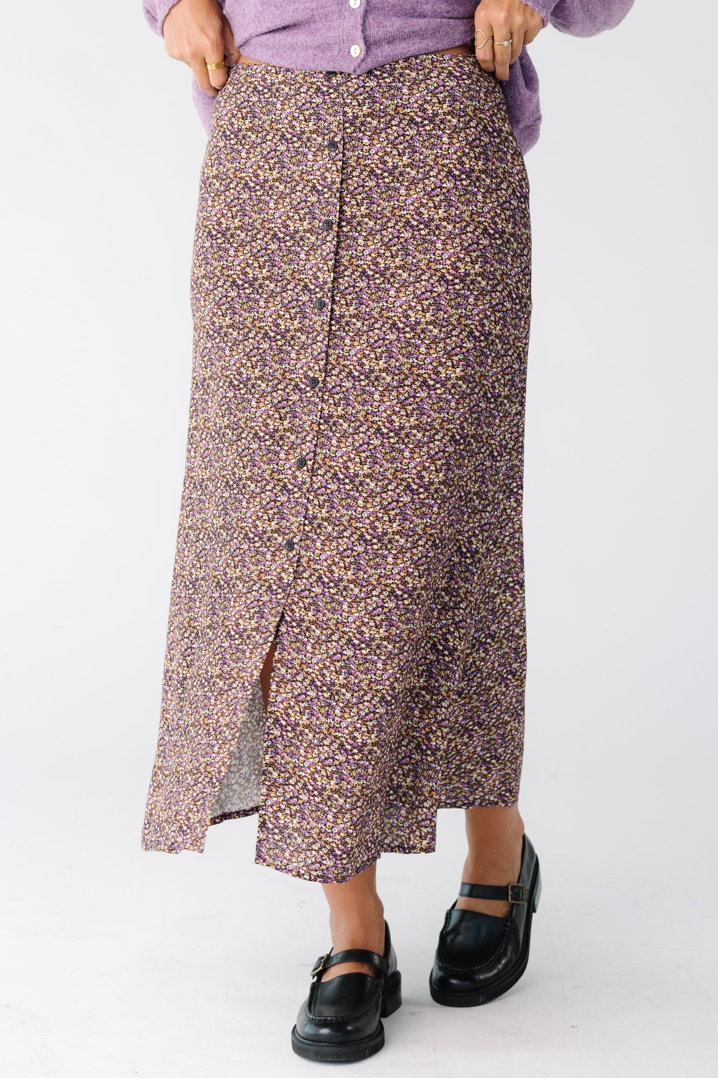 Floral Printed Midi Skirt for women and teens in black floral print