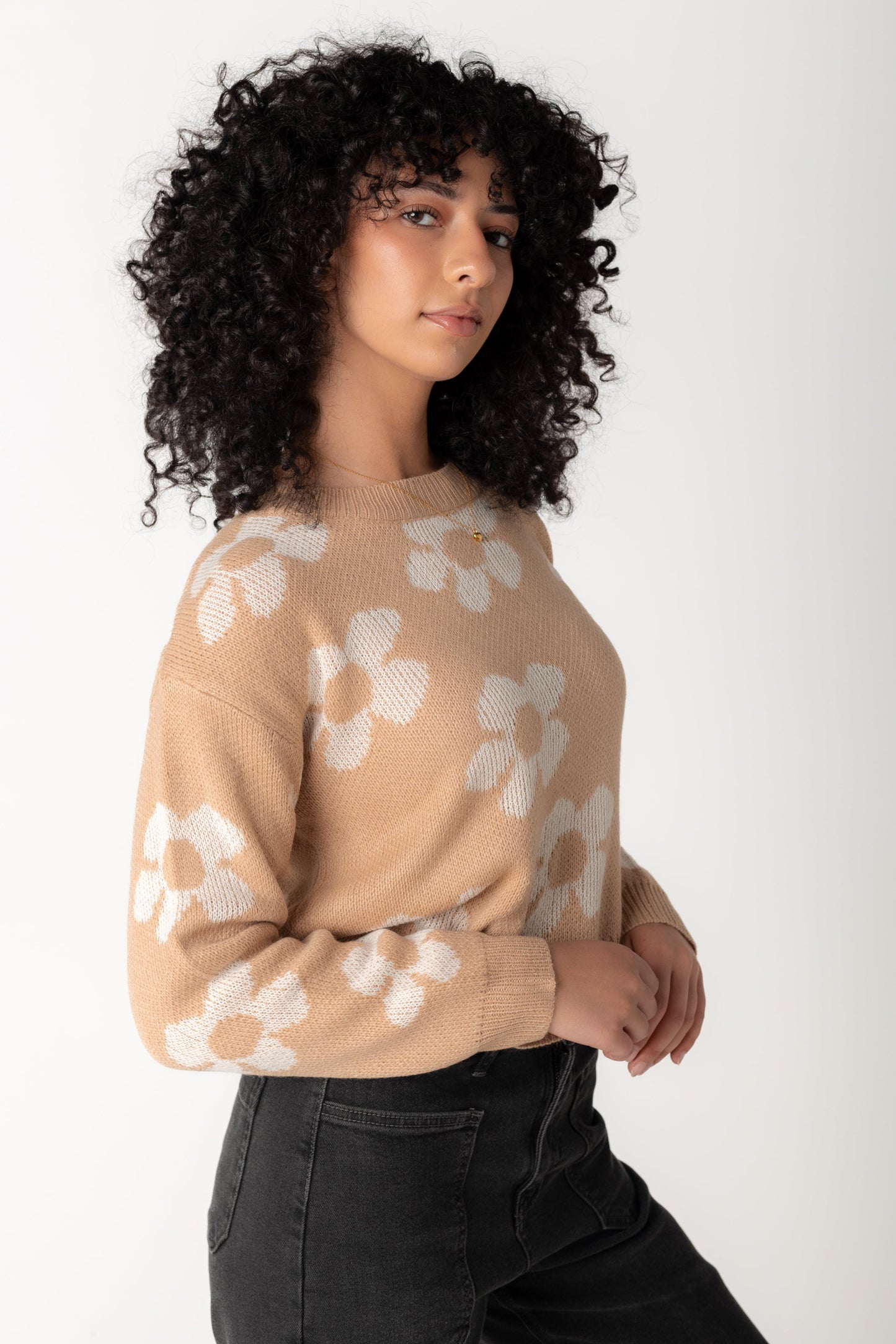 Modest khaki sweater with retro white flowers