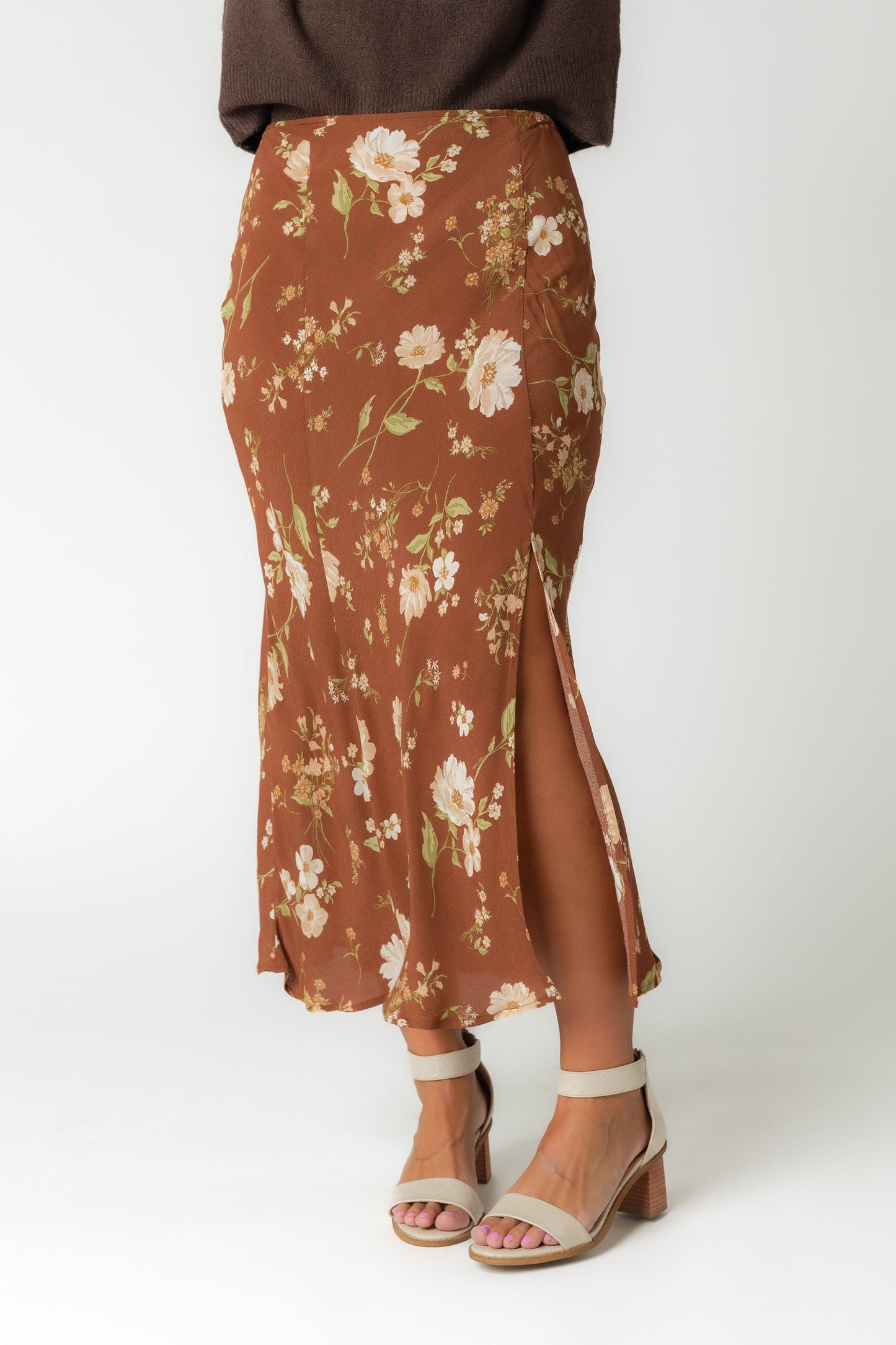 Brown floral print midi skirt with front off center slit