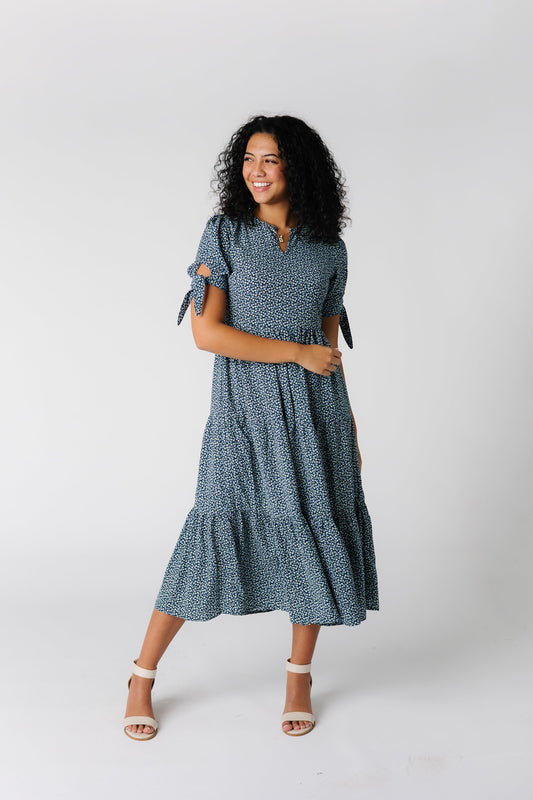 Brass and Roe modest print tiered midi dress