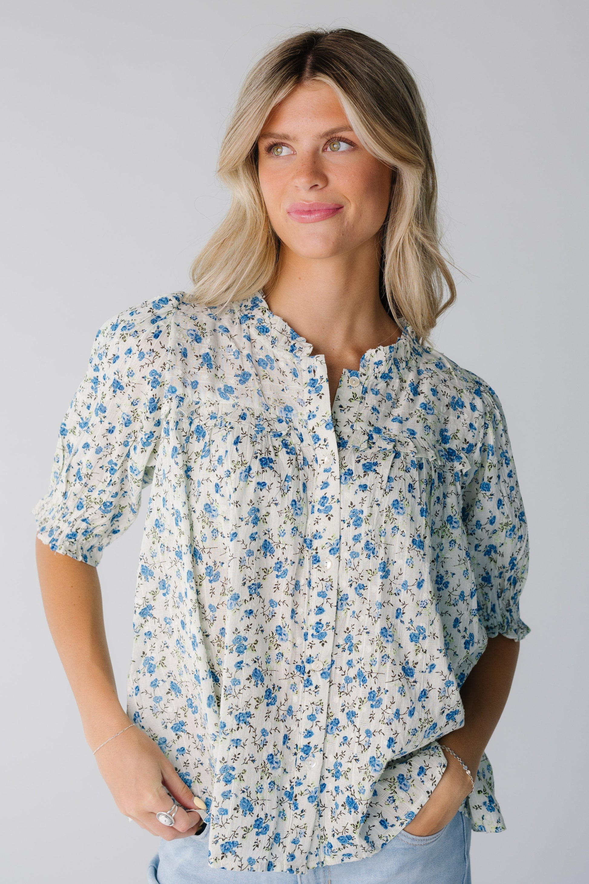 Citrus Liv Floral Top in blue floral