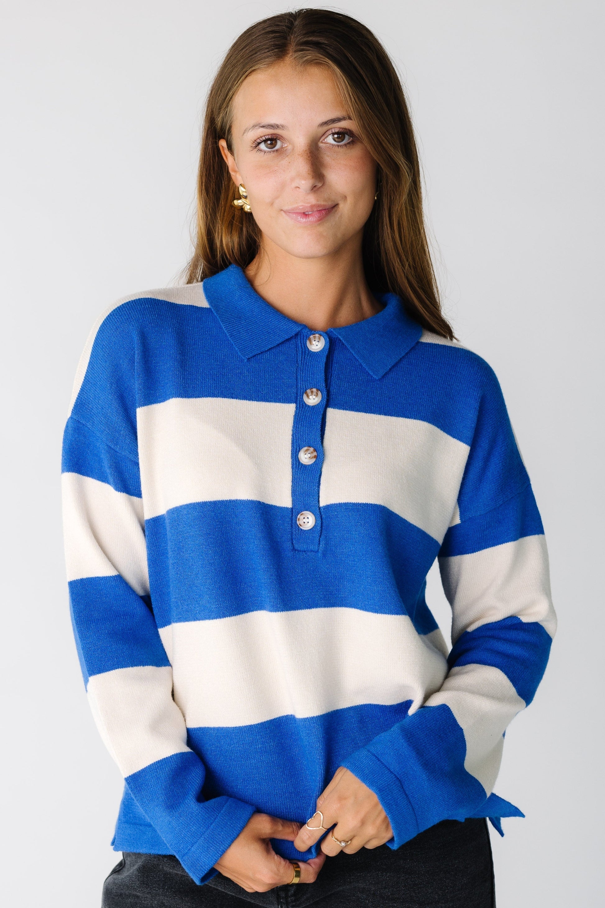 Modest women and teens wide stripe sweater in blue