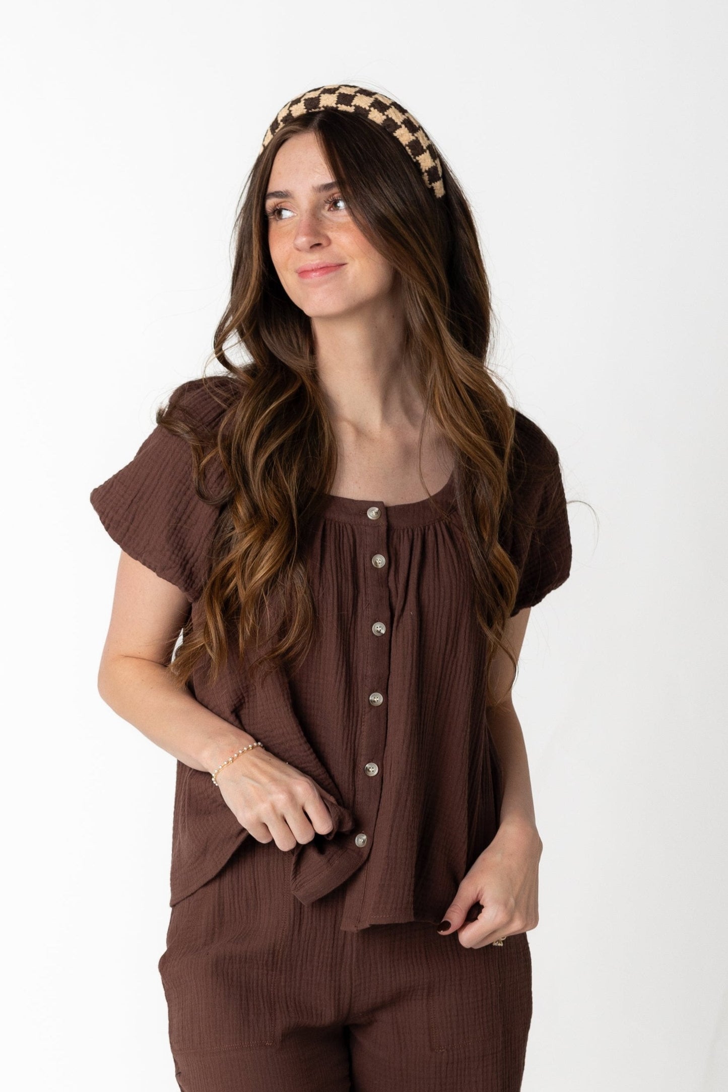 Brown scoop neck button down top with short puff sleeves