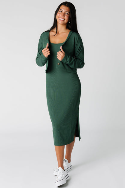 Green sweater dress with matching long sleeve cardigan