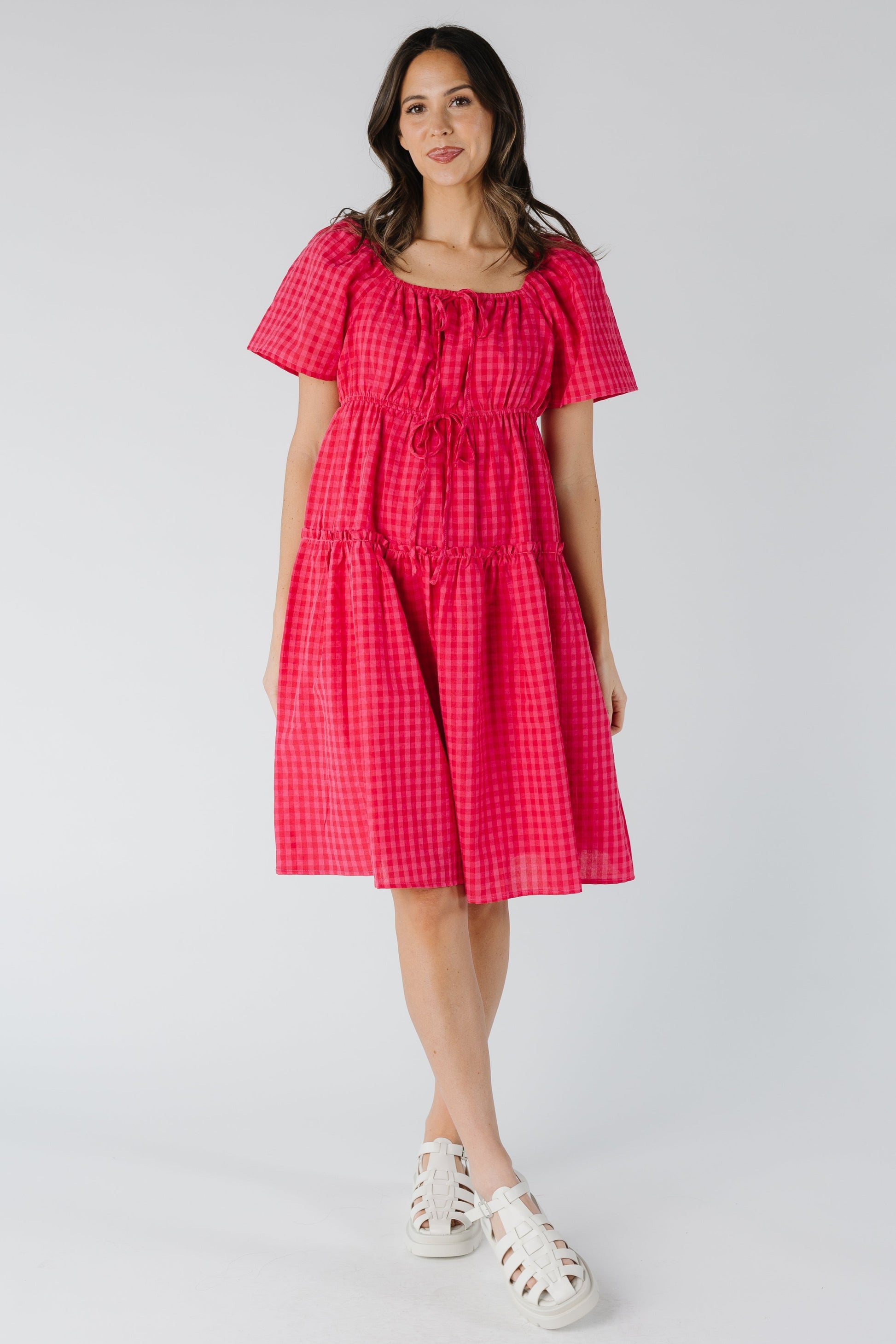 Gingham Square Neck Dress in Fuchsia 