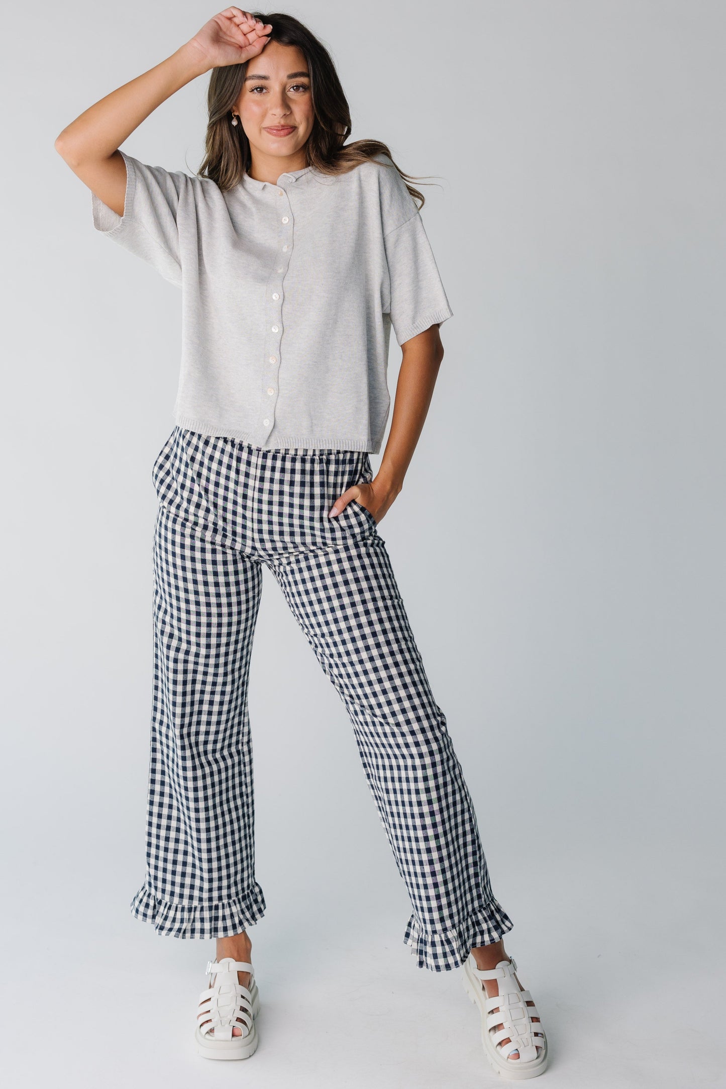 Gingham Checker Travel Pants for women in navy