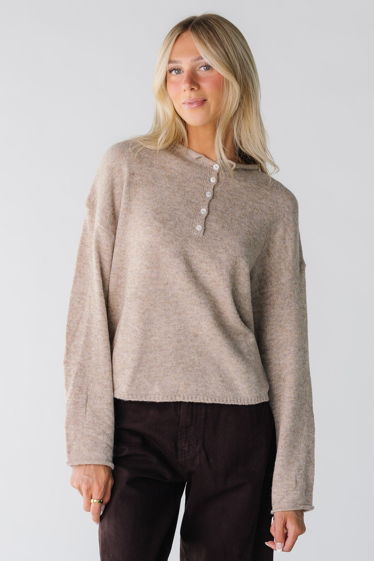 Modest mocha sweater for women long sleeves and rolled neckline