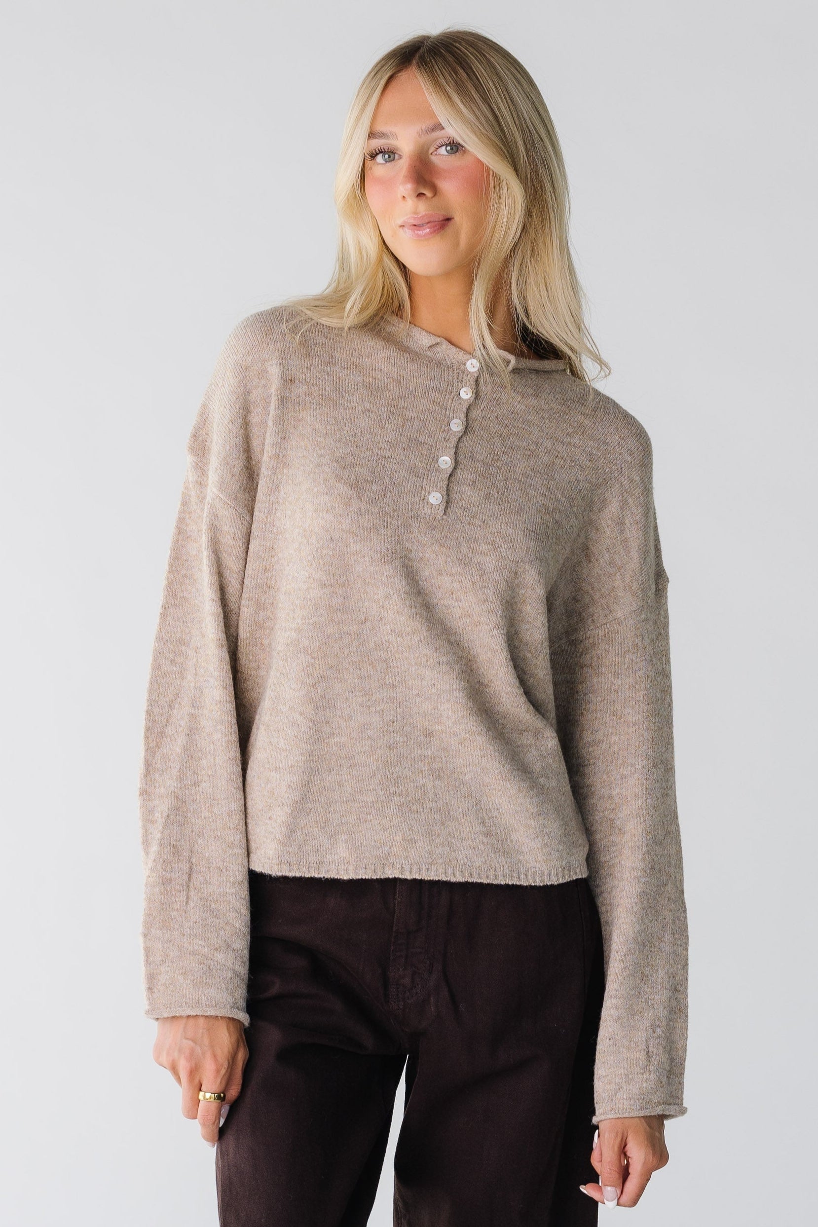 Modest mocha sweater for women long sleeves and rolled neckline