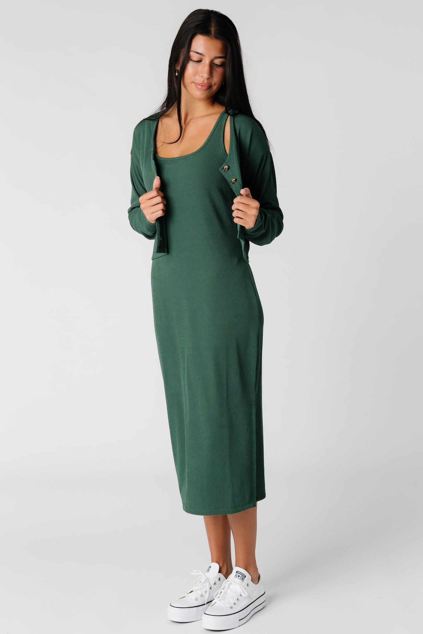 Green tank dress with modest matching button down cardigan