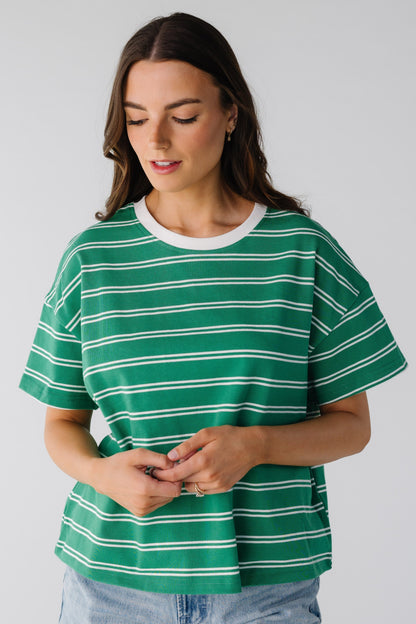Green and white stripe tee with white ribbing