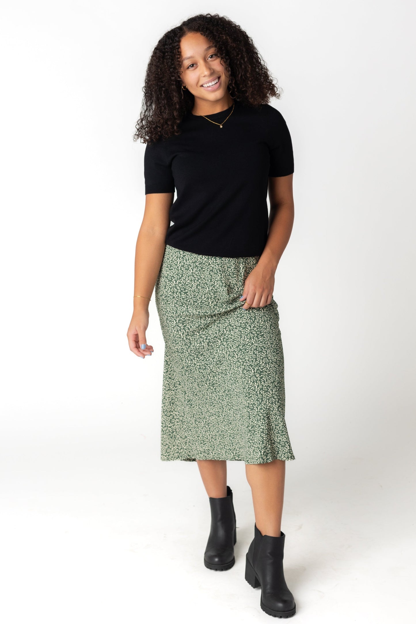 Modest A-line midi skirt in green and white floral print