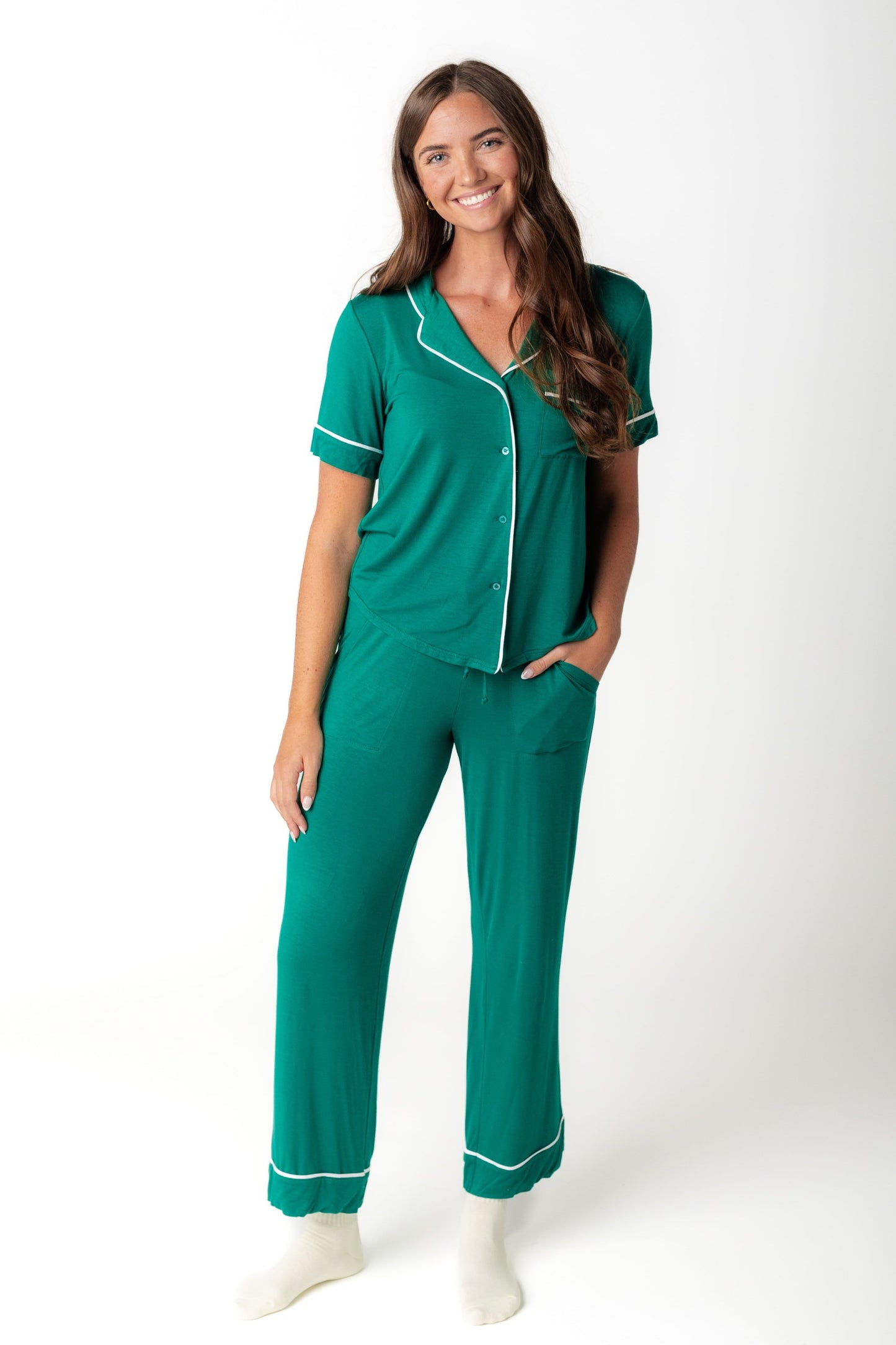 Green two piece pajama with button down top with V-neckline