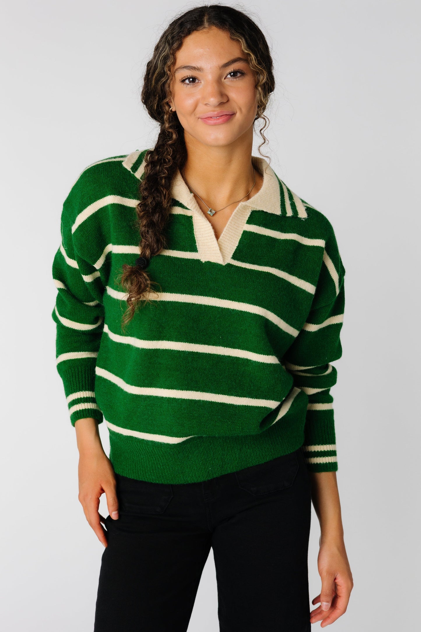 Green stripe sweater with striped pointed collar