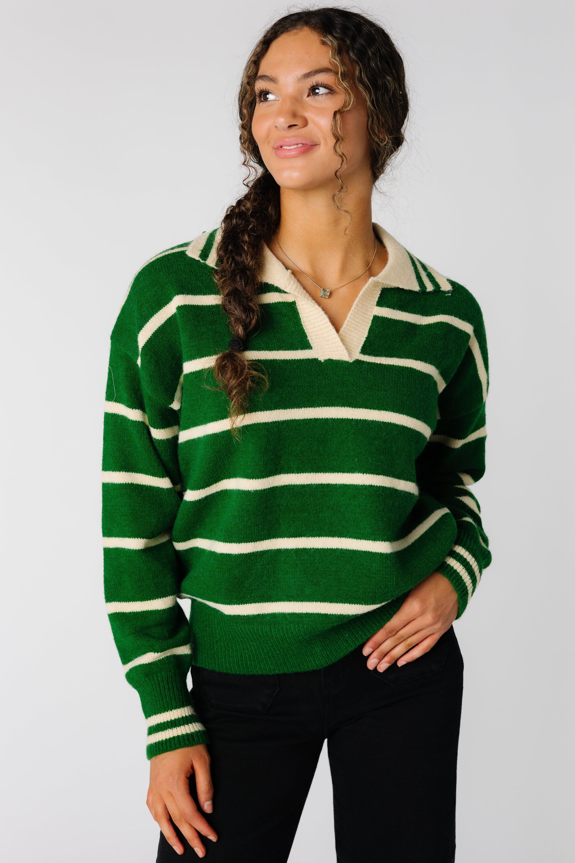 Modest green stripe sweater with long sleeves