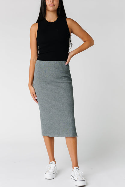 Brass & Roe modest rib knit skirt in grey