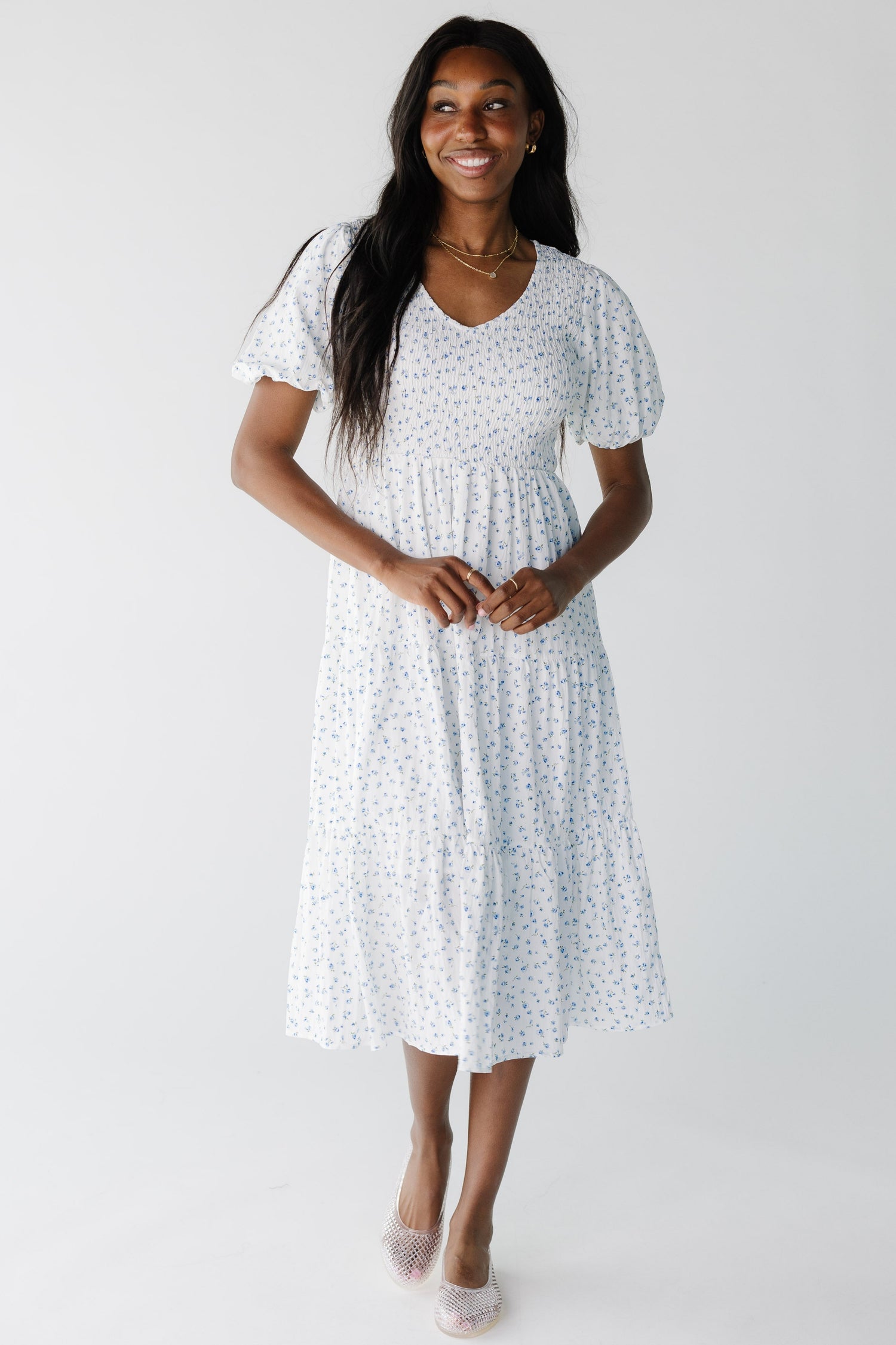 Brass & Roe Haven Smocked Bodice Dress  in white with blue floral print