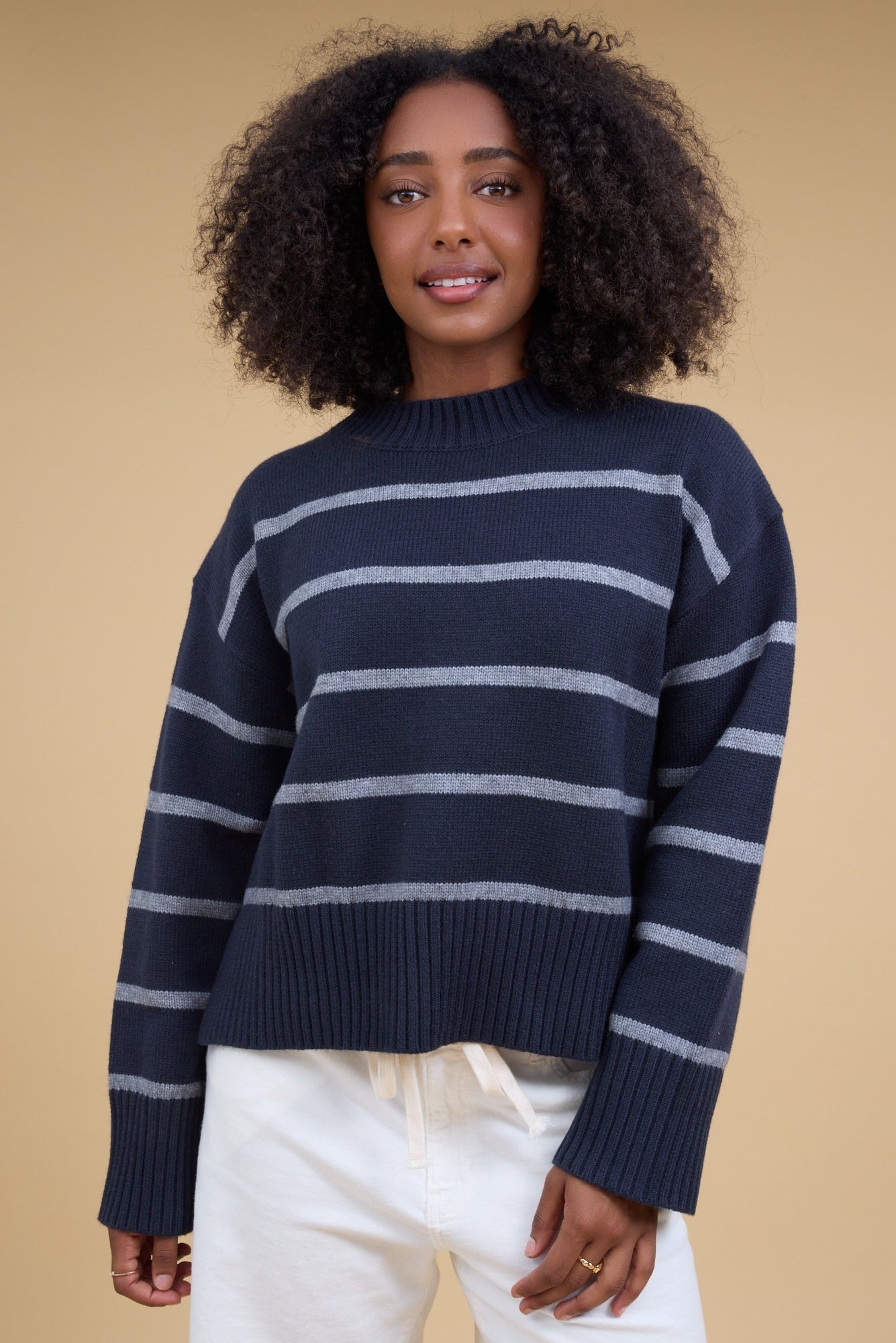 Hazel Striped Crewneck Sweater in navy and grey stripe for women and teen girls.