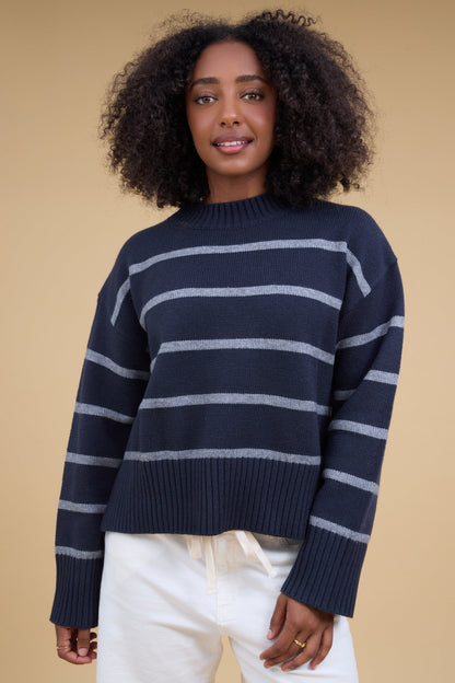Hazel Striped Crewneck Sweater in navy and grey stripe for women and teen girls.