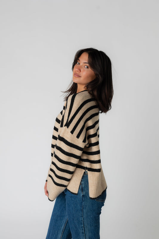 Side view of Hemingway stripe sweater