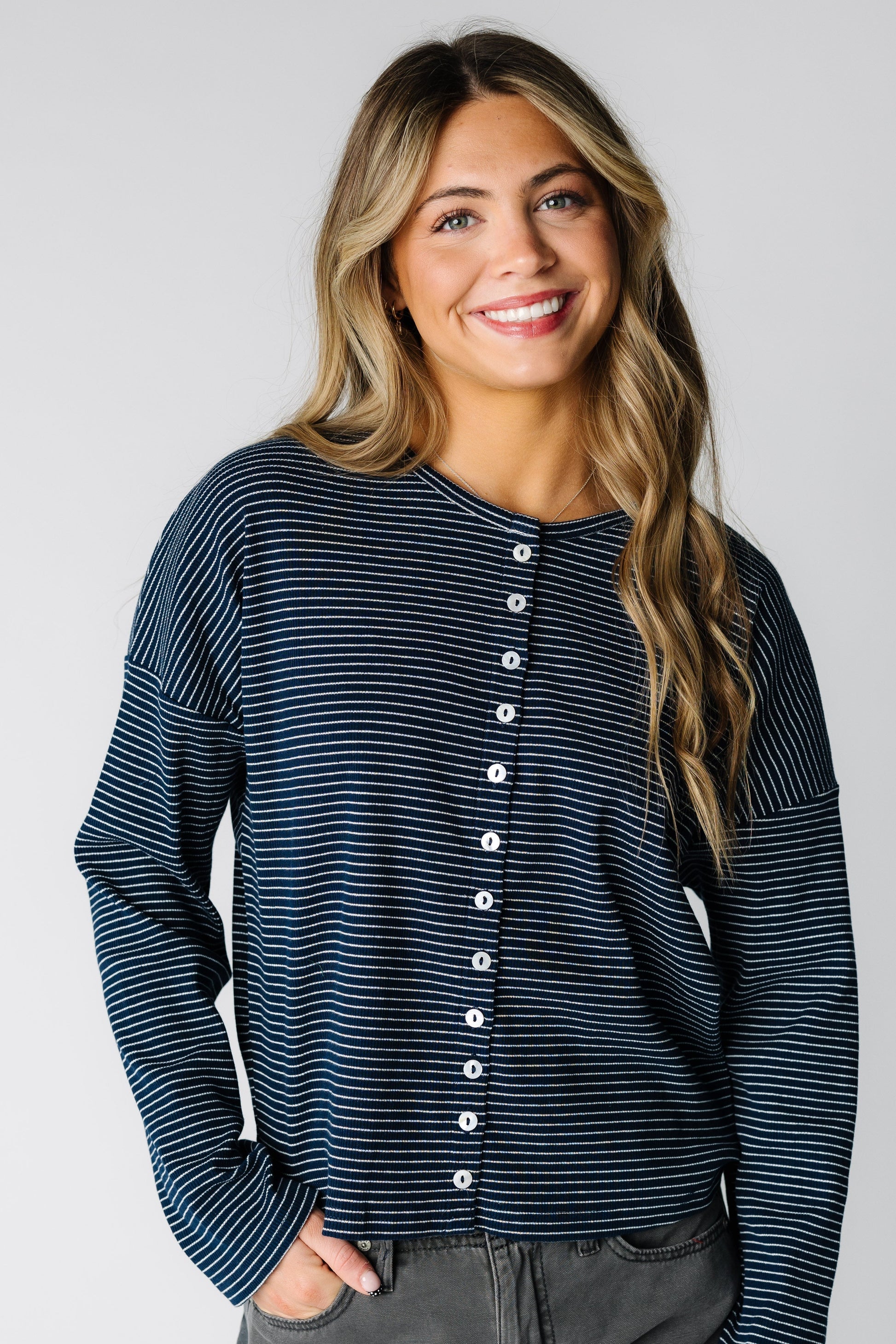 Navy pinstripe cardigan with functioning  buttons