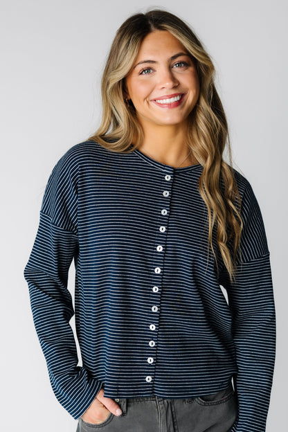 Navy pinstripe cardigan with functioning  buttons