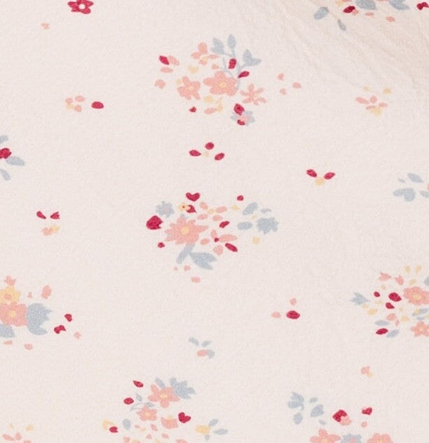 Pink floral print fabric swatch.