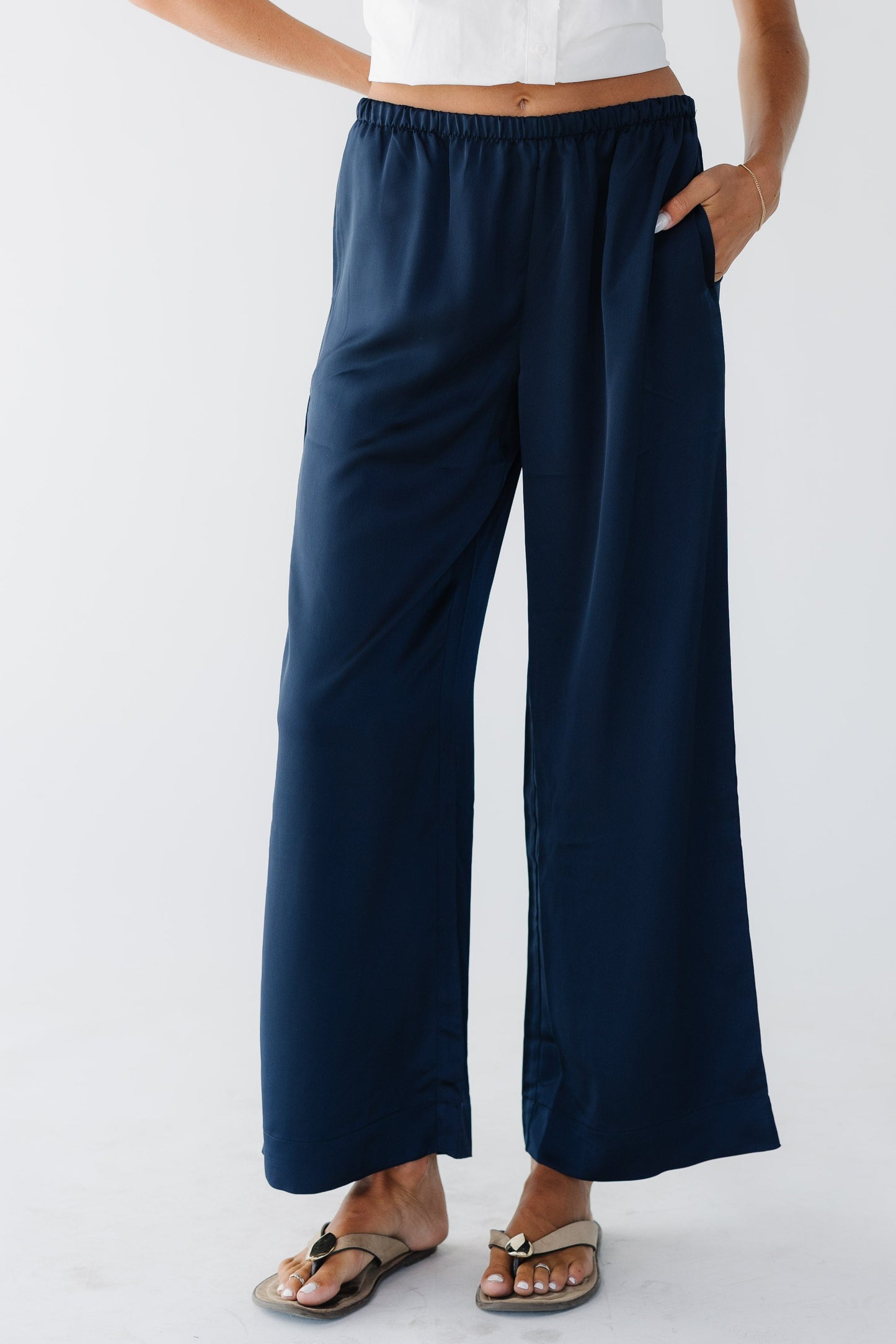 Brass & Roe Jeanie Satin Pants in navy for women and teen girls.