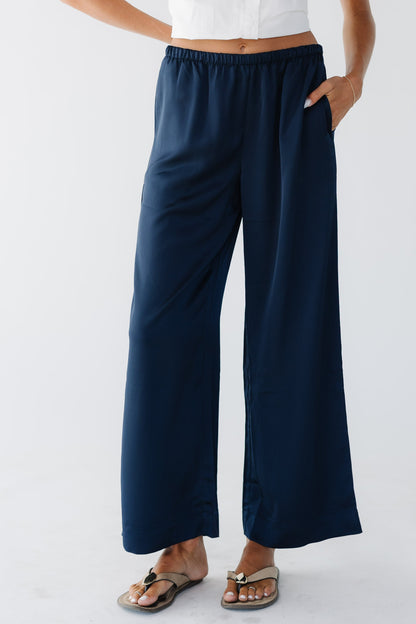 Brass & Roe Jeanie Satin Pants in navy for women and teen girls.