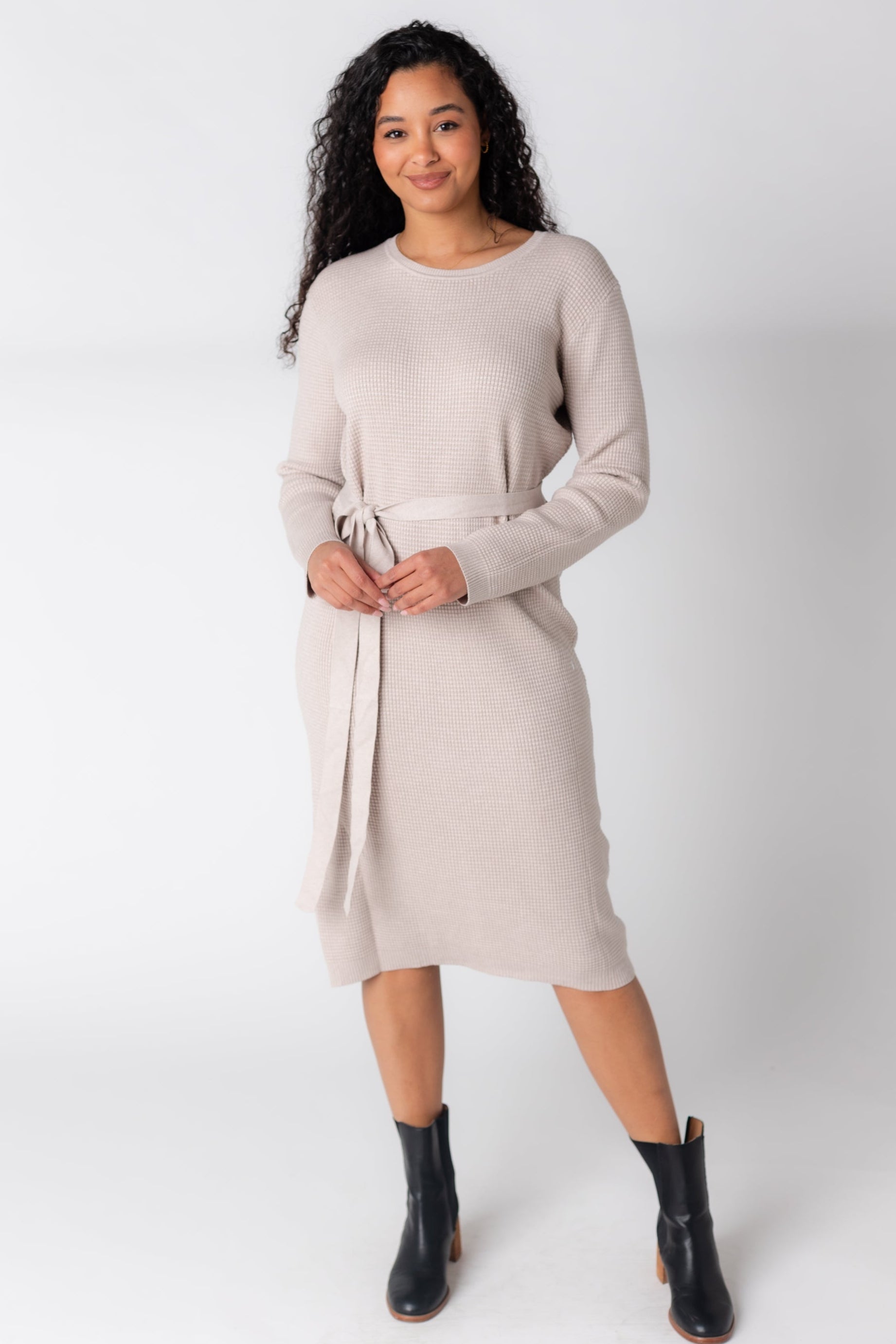 Modest sweater dress with long sleeve and round neckline