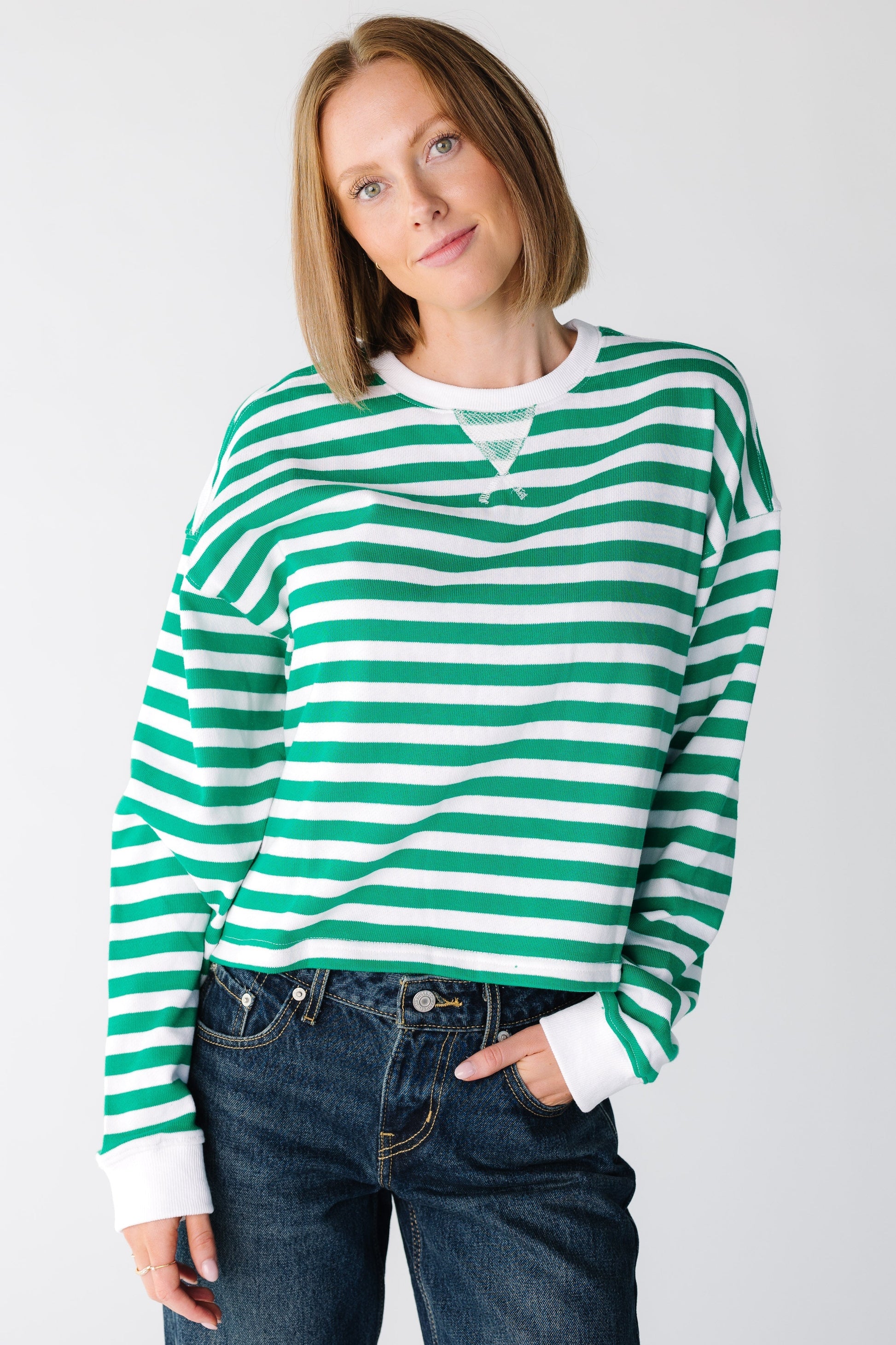 Modest long sleeve wop with crew neckline in green and white stripe
