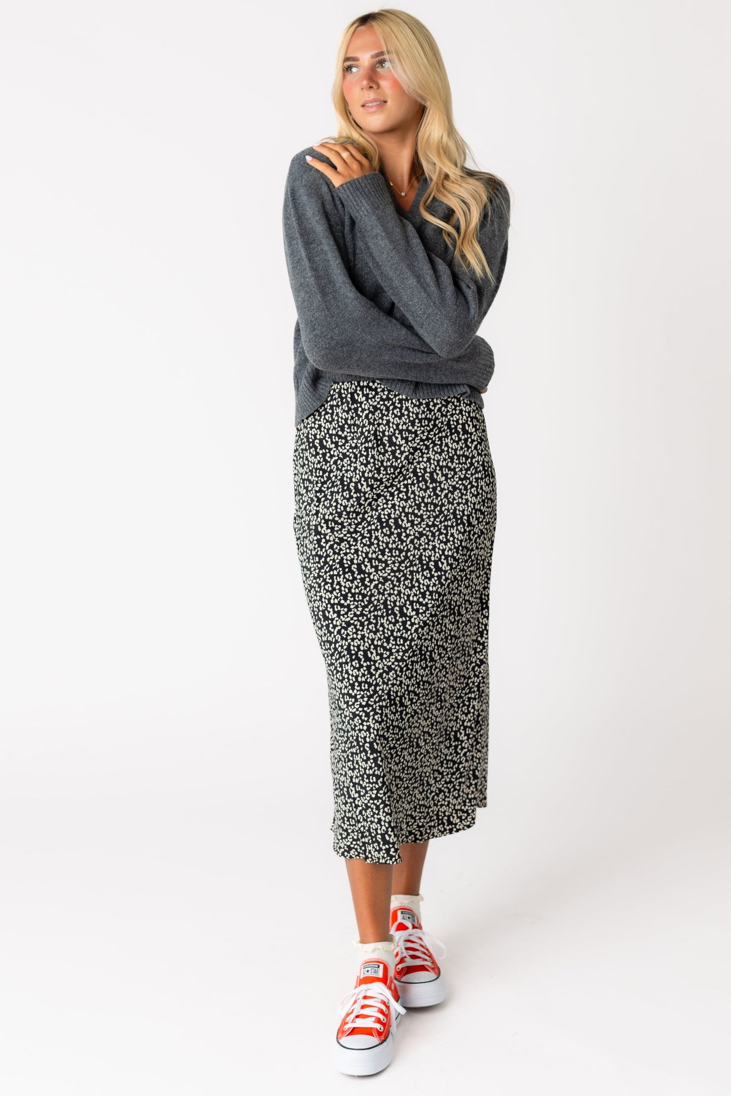 Modest black leopard print A-line midi skirt