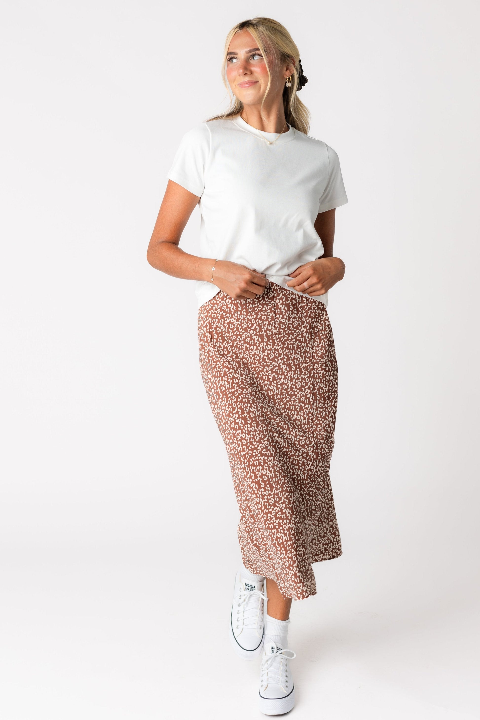 Modest mocha leopard print A-line midi skirt