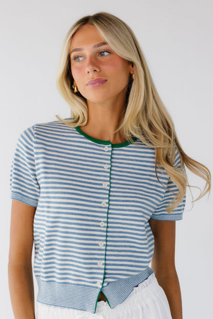 Kassie Button Up Short Sleeve Sweater WOMEN'S SWEATERS Mod Ref Blue/Ivory/Green S 