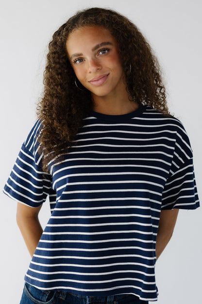 Landon Tee in navy & white stripe for women and teen girls.