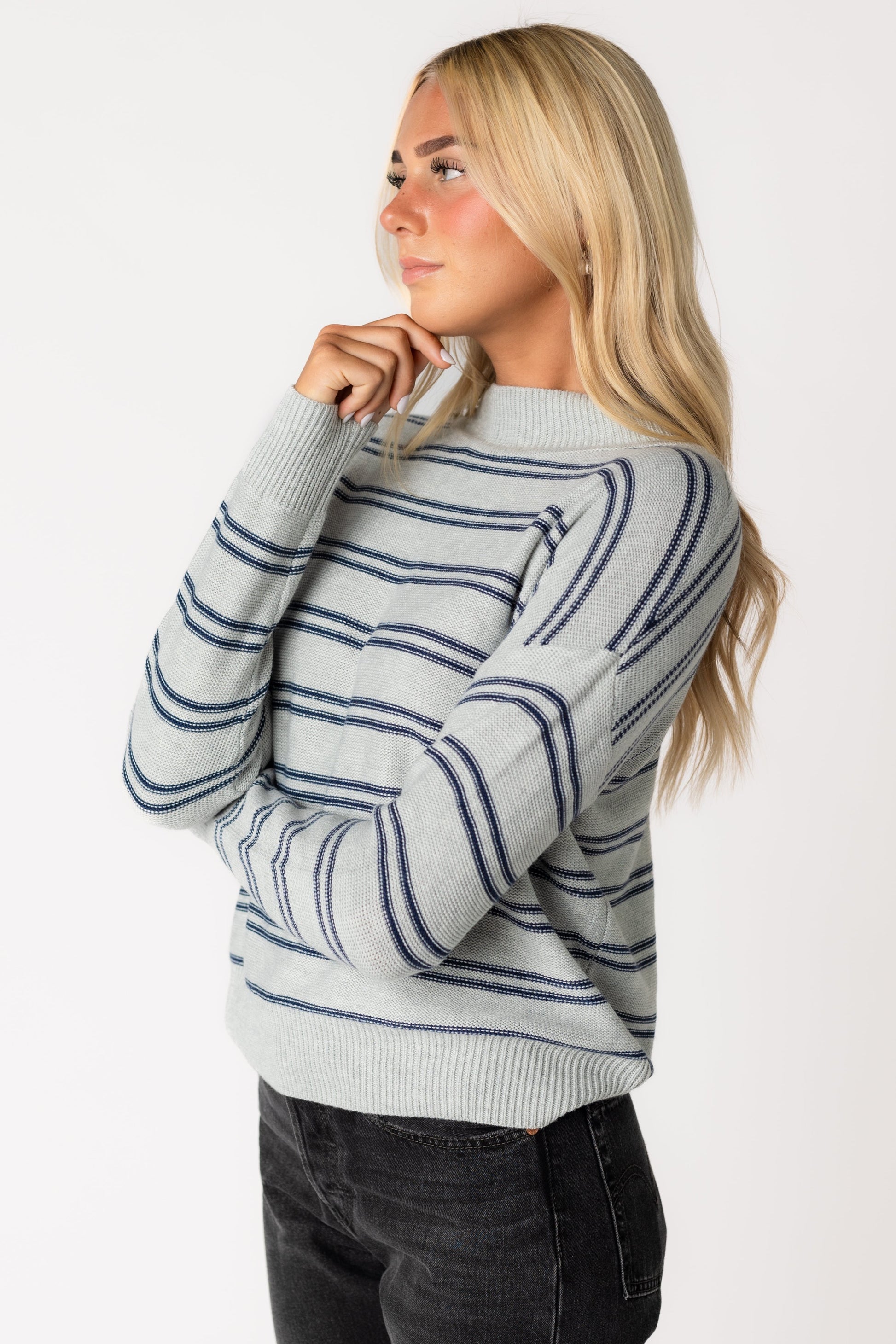 Grey Lenni long sleeve sweater with mock turtleneck and double blue stripes