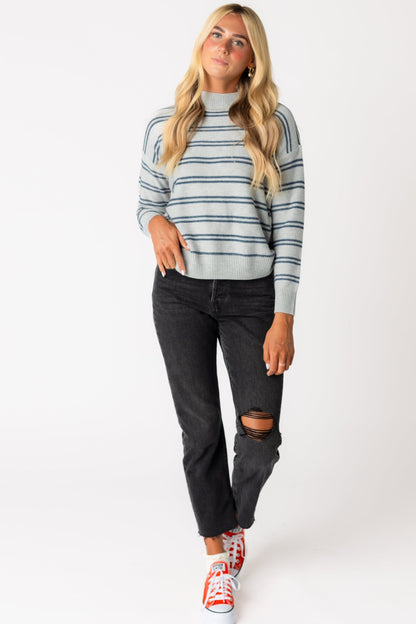 Lenni grey mock neck turtleneck with double blue stripes