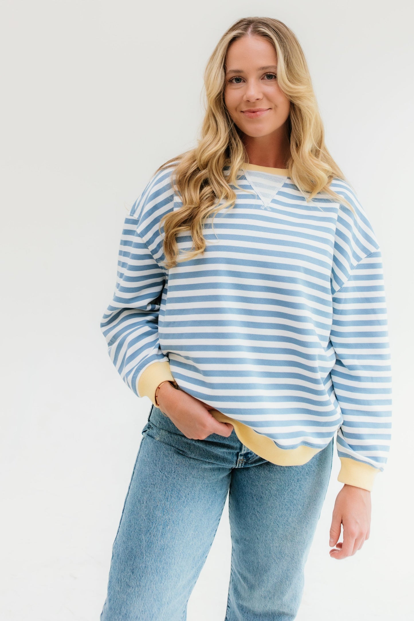 Modest light blue and white stripe sweatshirt