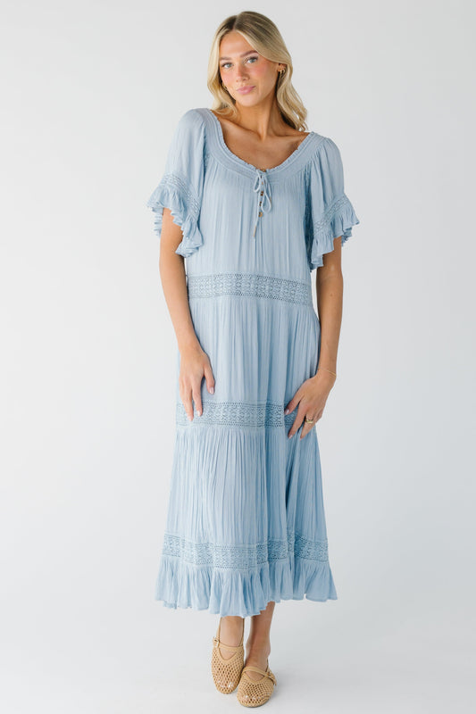 Modest light blue gauzy midi with scoop neckline and scoop neckline