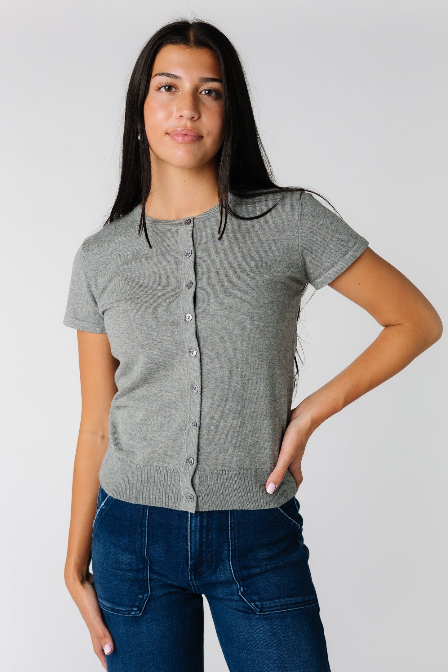 Grey round neck cardigan with short sleeves