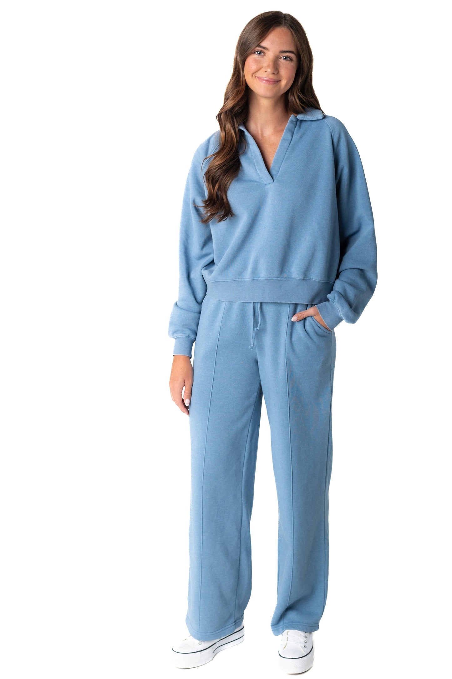 Modest wide leg sweat set with long sleeves in light blue