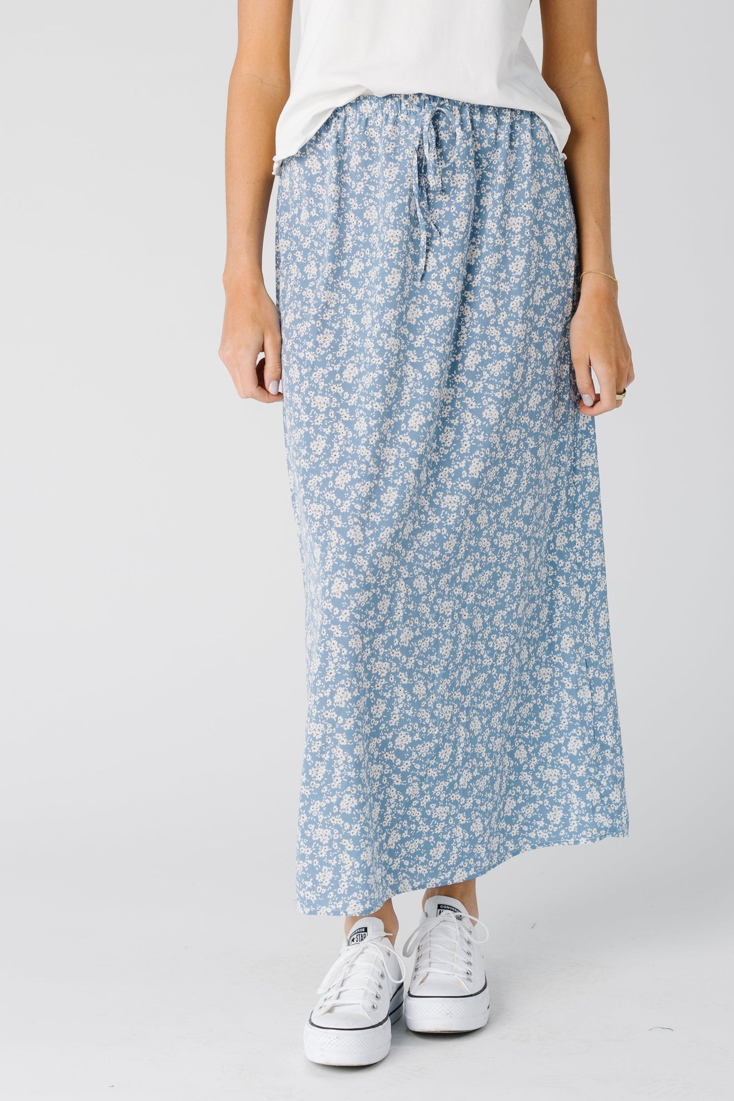 Blue floral maxi skirt with elastic waist