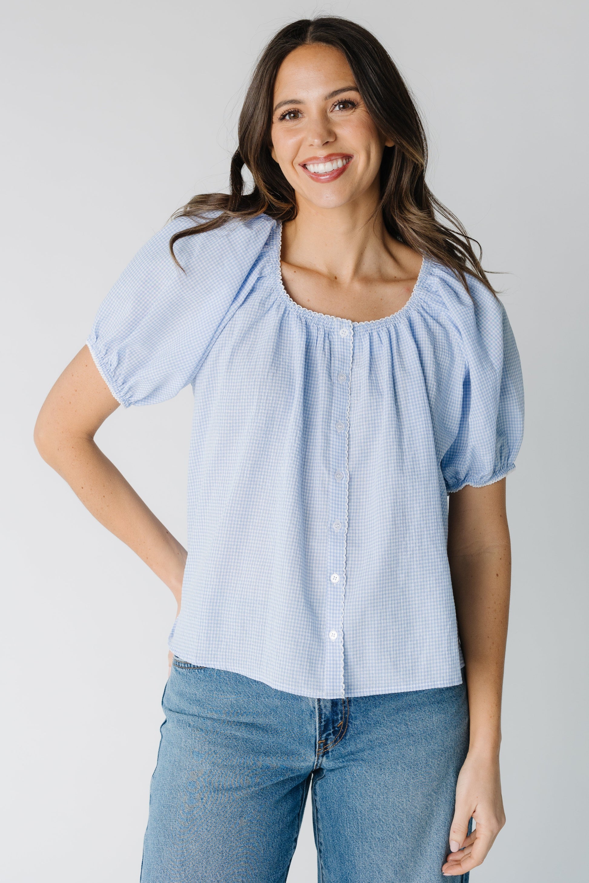 Modest round neck button down top with short puff sleeves