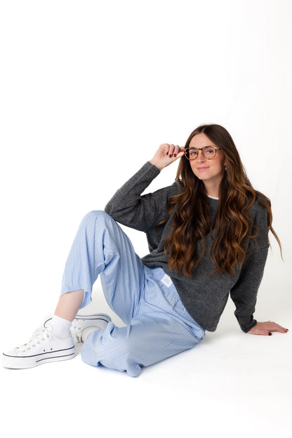 Woven blue and white stripe pajama with wide elastic waist